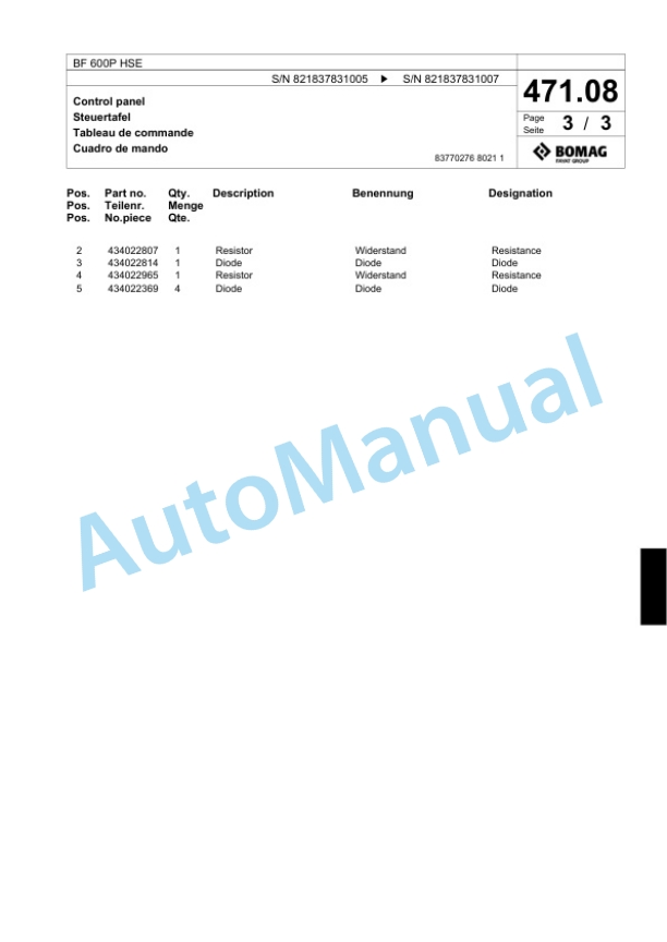 Bomag BF 600P HSE Paver Spare Parts Catalogue 00824239-2