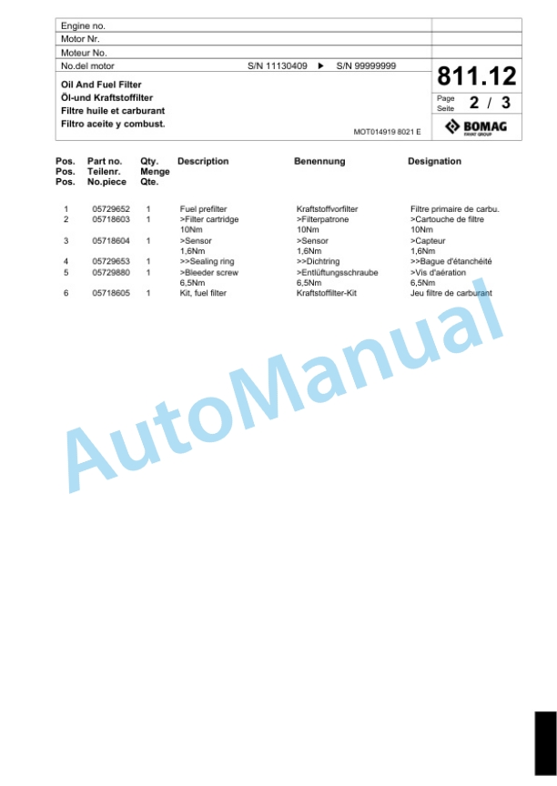 Bomag BF 600P HSE Paver Spare Parts Catalogue 00824239-4