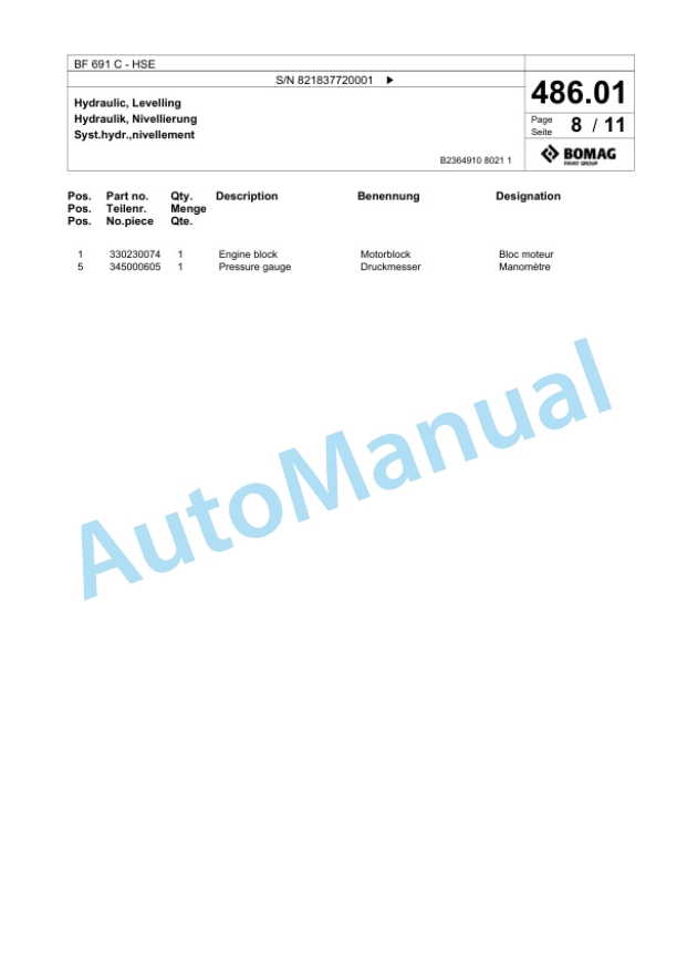 Bomag BF 691 C - HSE Paver Spare Parts Catalogue 00800699-2