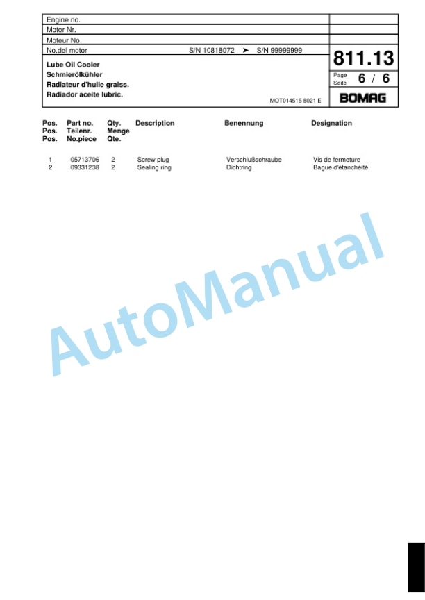 Bomag BF 691 C Paver Spare Parts Catalogue 00800661-4