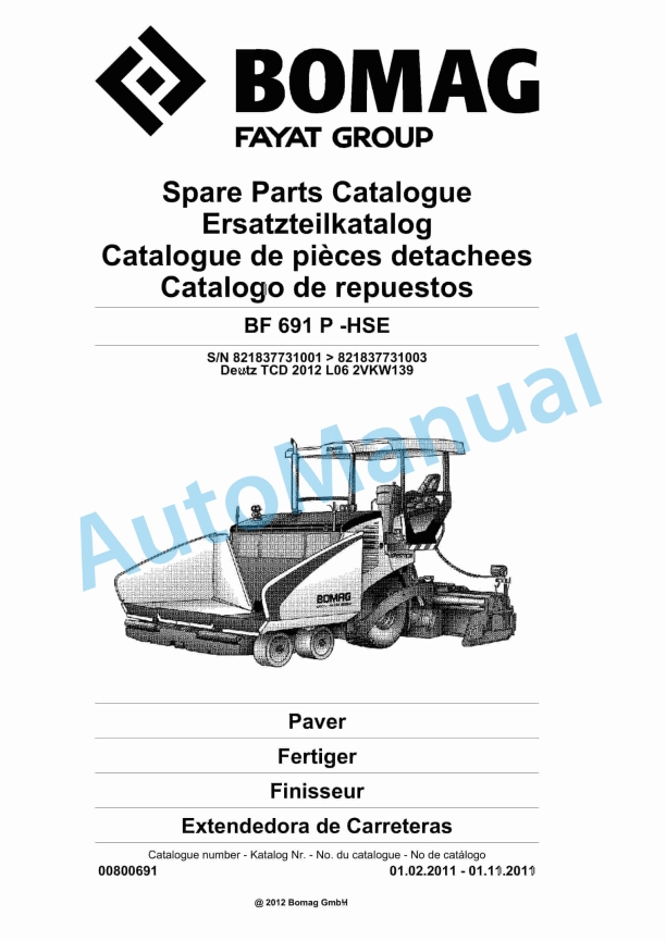 Bomag BF 691 P -HSE Paver Spare Parts Catalogue 00800691