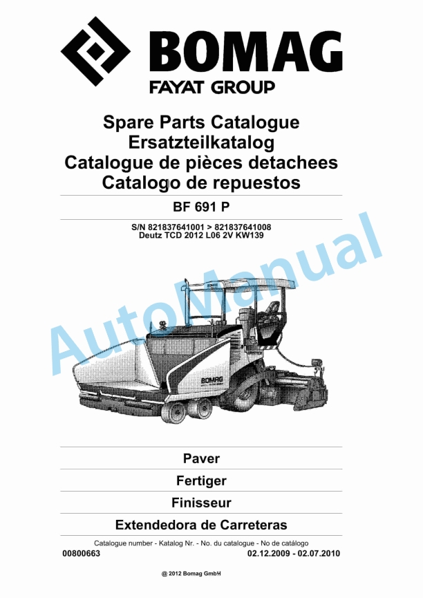 Bomag BF 691 P Paver Spare Parts Catalogue 00800663
