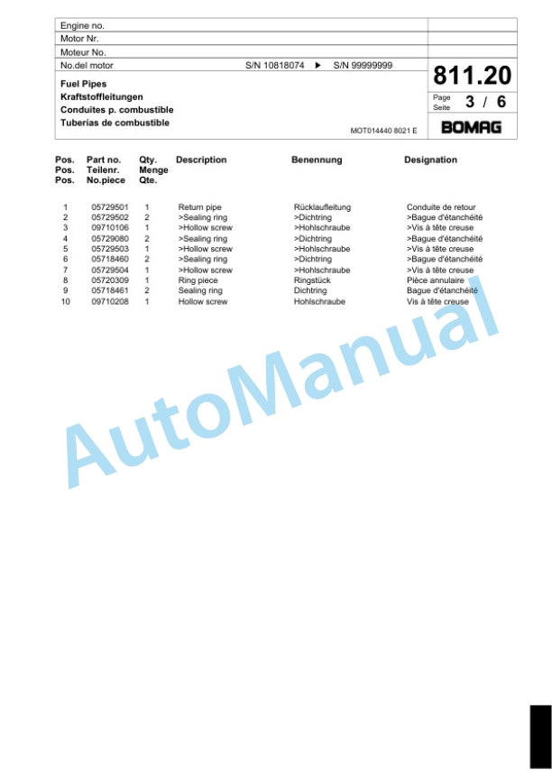Bomag BF 691 P Paver Spare Parts Catalogue 00800663-4