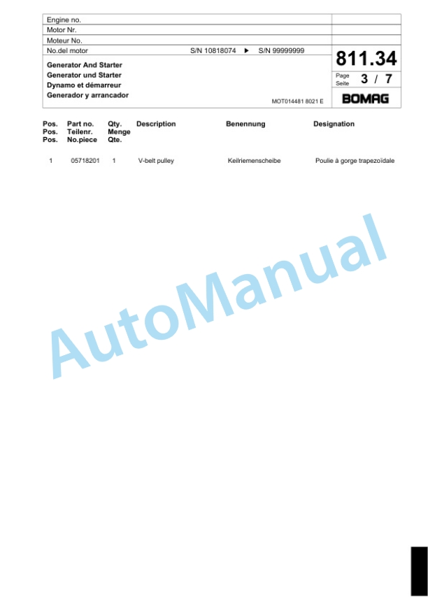 Bomag BF 691 P Paver Spare Parts Catalogue 00800663-5