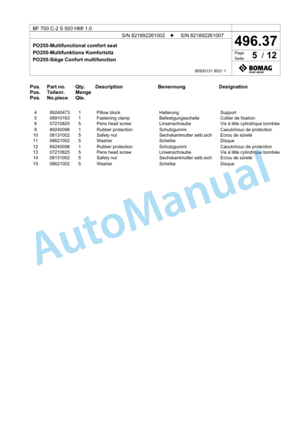 Bomag BF 700 C-2 S 500 HMI 1.0 Paver Spare Parts Catalogue 00825909-4