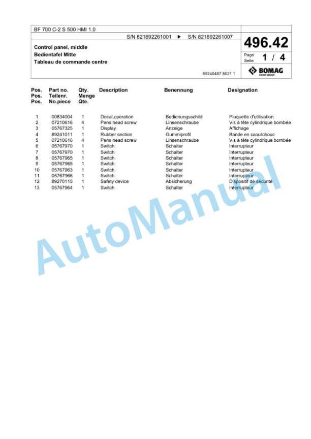 Bomag BF 700 C-2 S 500 HMI 1.0 Paver Spare Parts Catalogue 00825909-5