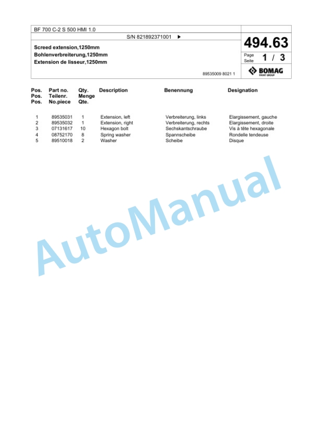 Bomag BF 700 C-2 S 500 HMI 1.0 Paver Spare Parts Catalogue 00825925-2