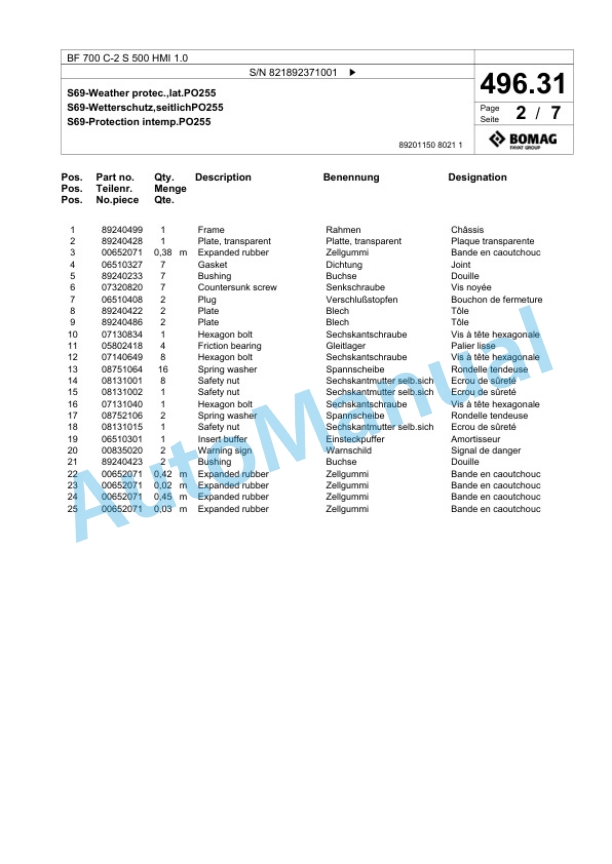 Bomag BF 700 C-2 S 500 HMI 1.0 Paver Spare Parts Catalogue 00825925-3