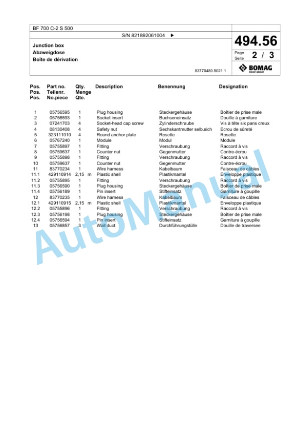 Bomag BF 700 C-2 S 500 Paver Spare Parts Catalogue 00800799-3