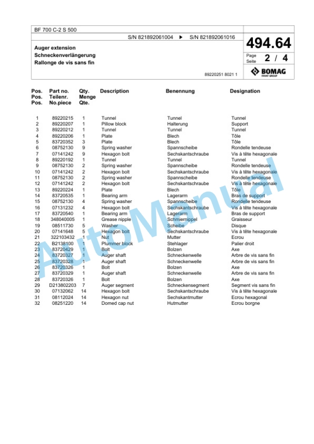 Bomag BF 700 C-2 S 500 Paver Spare Parts Catalogue 00800799-4