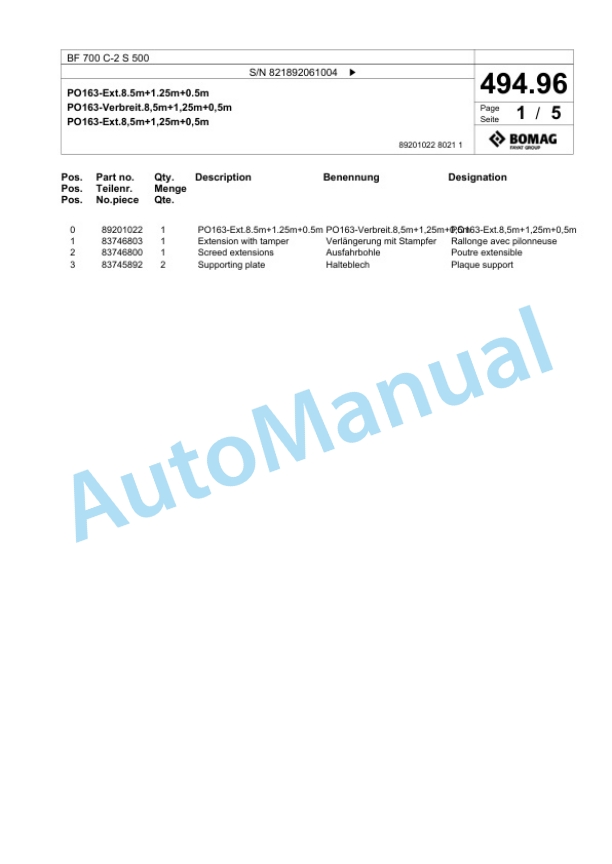 Bomag BF 700 C-2 S 500 Paver Spare Parts Catalogue 00800799-5