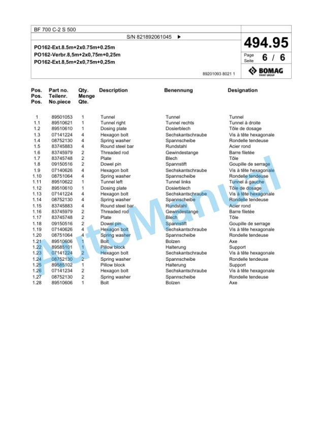 Bomag BF 700 C-2 S 500 Paver Spare Parts Catalogue 00800869-5