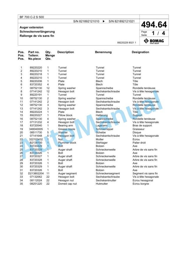 Bomag BF 700 C-2 S 500 Paver Spare Parts Catalogue 00800899-3