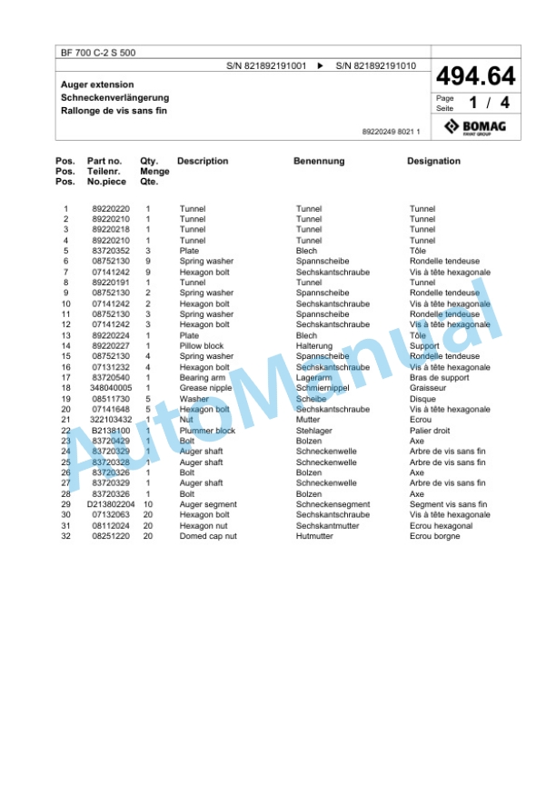 Bomag BF 700 C-2 S 500 Paver Spare Parts Catalogue 00800955-3