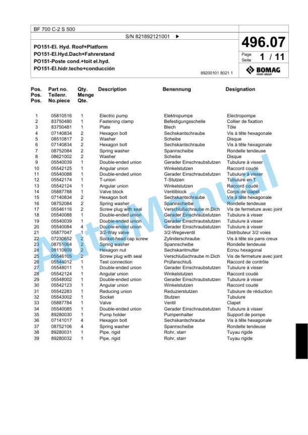 Bomag BF 700 C-2 S 500 Paver Spare Parts Catalogue 00824493-4