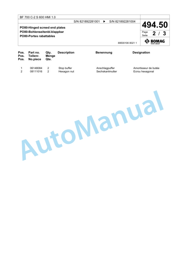 Bomag BF 700 C-2 S 600 HMI 1.0 Paver Spare Parts Catalogue 00825907-2