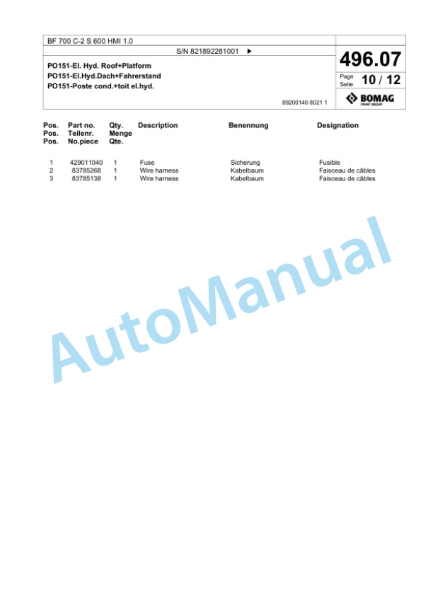 Bomag BF 700 C-2 S 600 HMI 1.0 Paver Spare Parts Catalogue 00825907-3