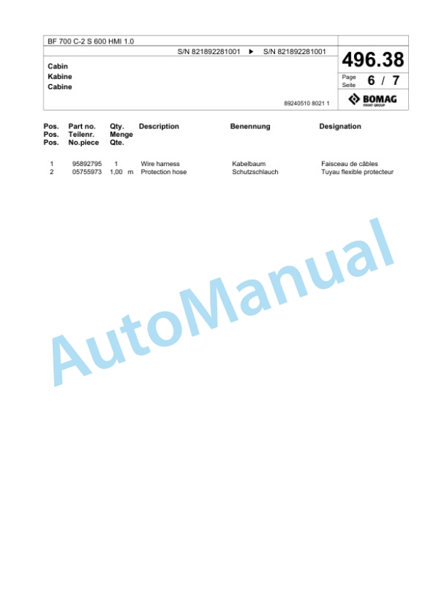 Bomag BF 700 C-2 S 600 HMI 1.0 Paver Spare Parts Catalogue 00825907-4