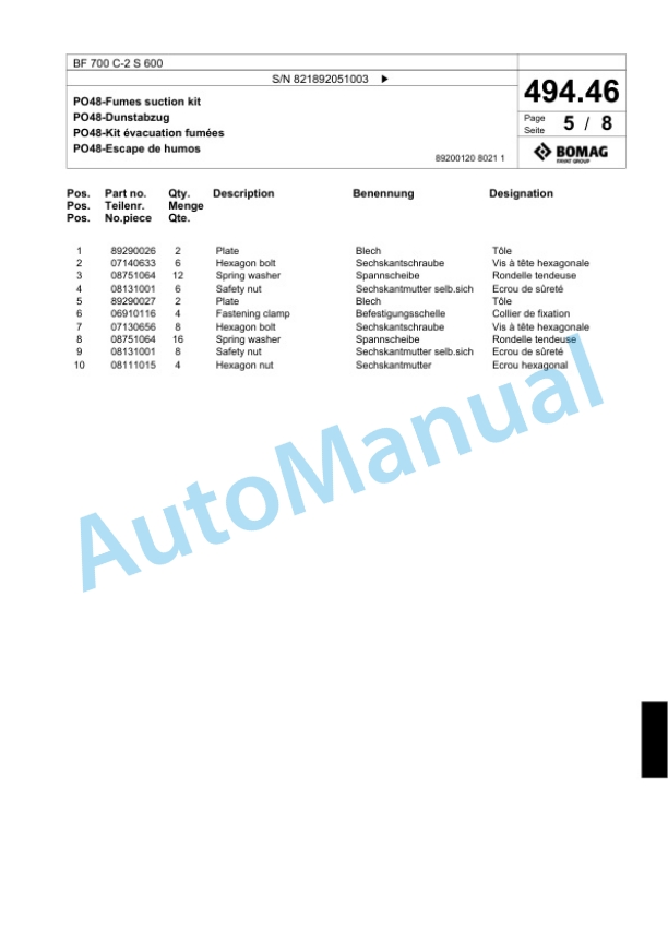 Bomag BF 700 C-2 S 600 Paver Spare Parts Catalogue 00800797-3