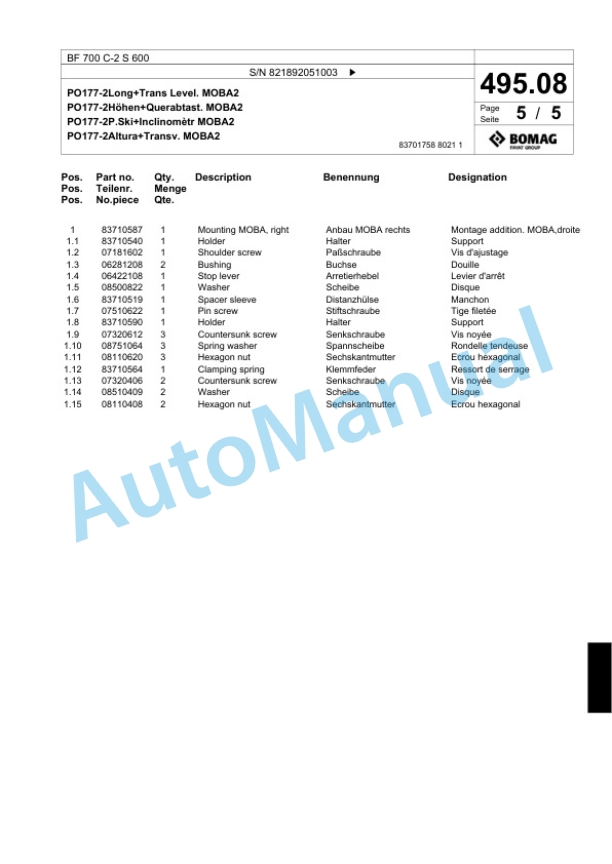 Bomag BF 700 C-2 S 600 Paver Spare Parts Catalogue 00800797-5