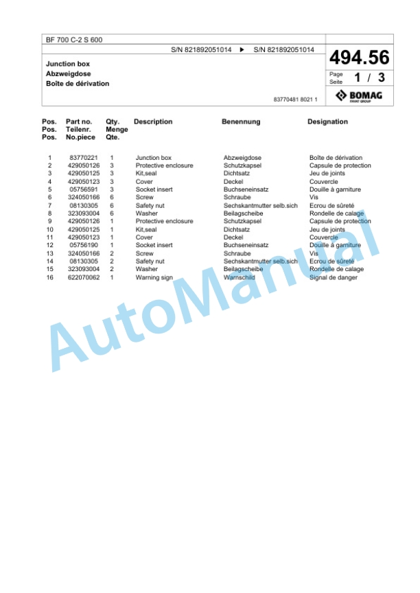 Bomag BF 700 C-2 S 600 Paver Spare Parts Catalogue 00800867-3