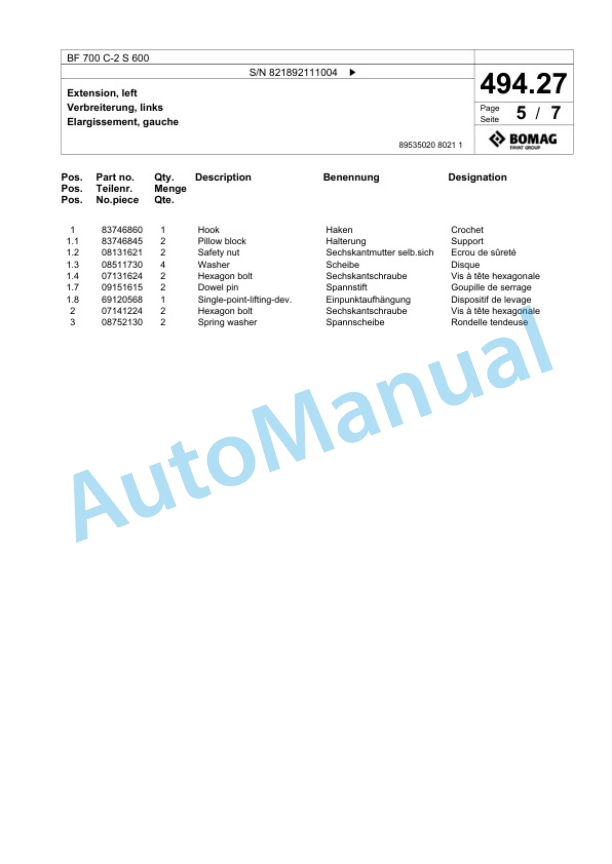 Bomag BF 700 C-2 S 600 Paver Spare Parts Catalogue 00800897-2