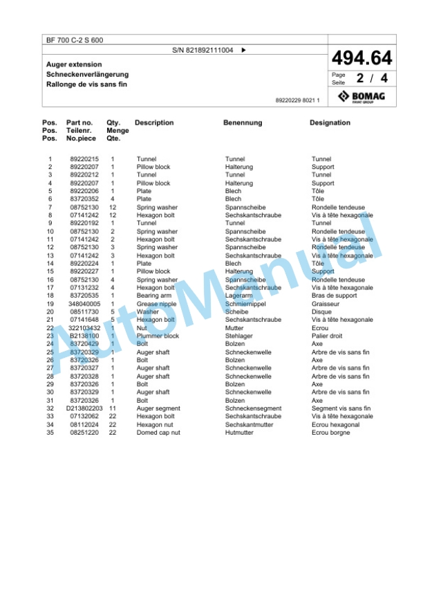 Bomag BF 700 C-2 S 600 Paver Spare Parts Catalogue 00800897-3