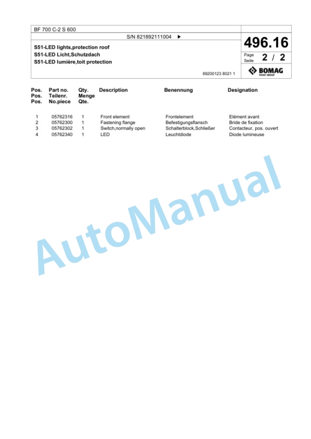 Bomag BF 700 C-2 S 600 Paver Spare Parts Catalogue 00800897-5