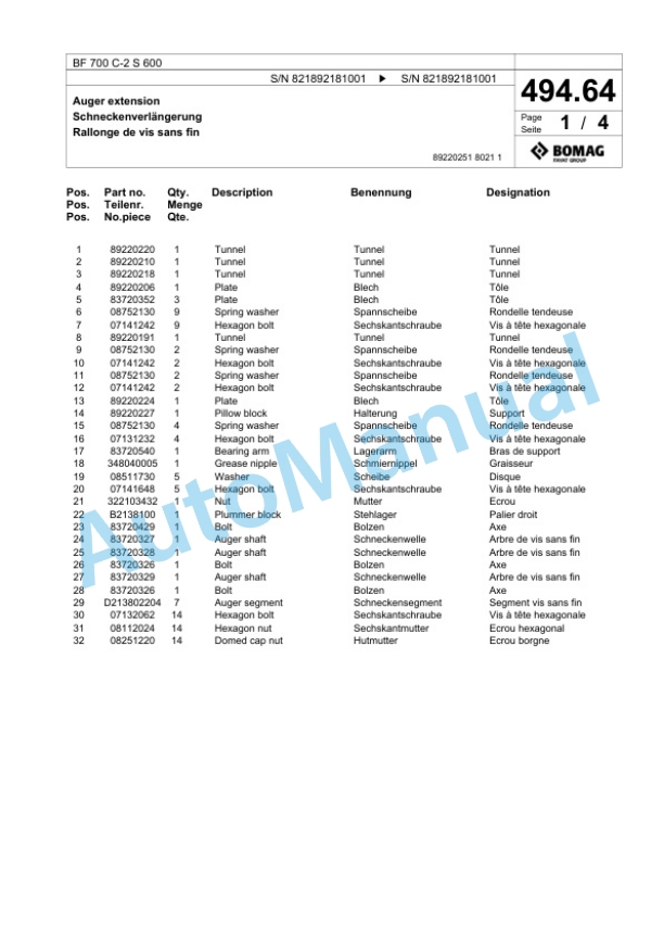 Bomag BF 700 C-2 S 600 Paver Spare Parts Catalogue 00800953-3