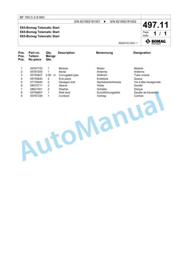 Bomag BF 700 C-2 S 600 Paver Spare Parts Catalogue 00800953-5