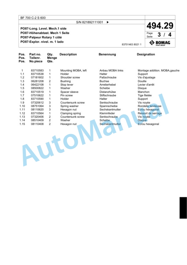 Bomag BF 700 C-2 S 600 Paver Spare Parts Catalogue 00824491-2