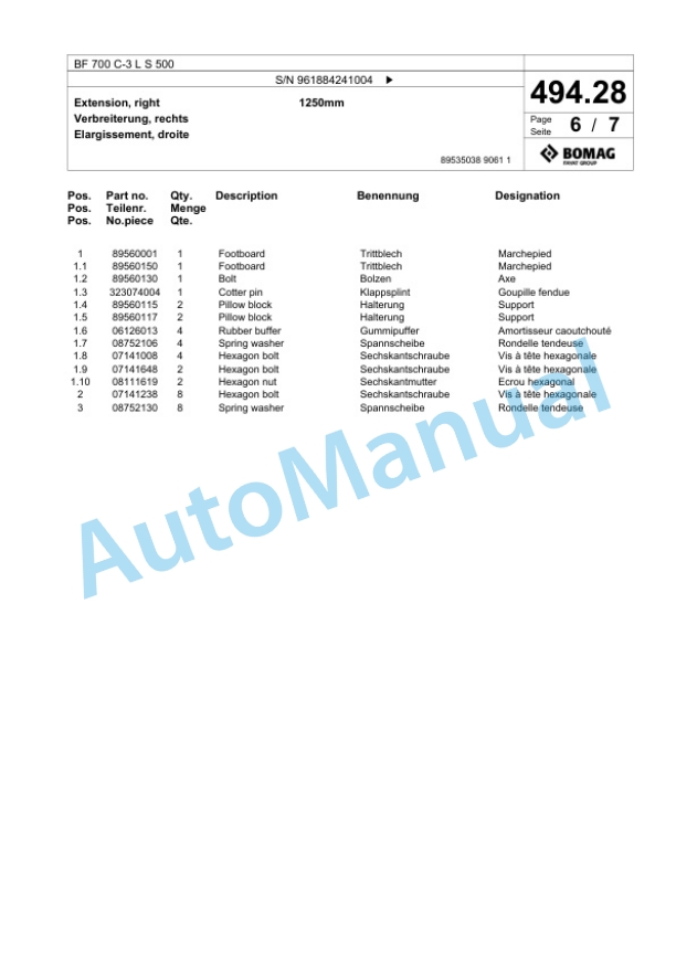 Bomag BF 700 C-3 L S 500 Paver Spare Parts Catalogue 00826987-2
