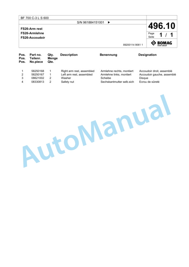 Bomag BF 700 C-3 L S 600 Paver Spare Parts Catalogue 00826923-3