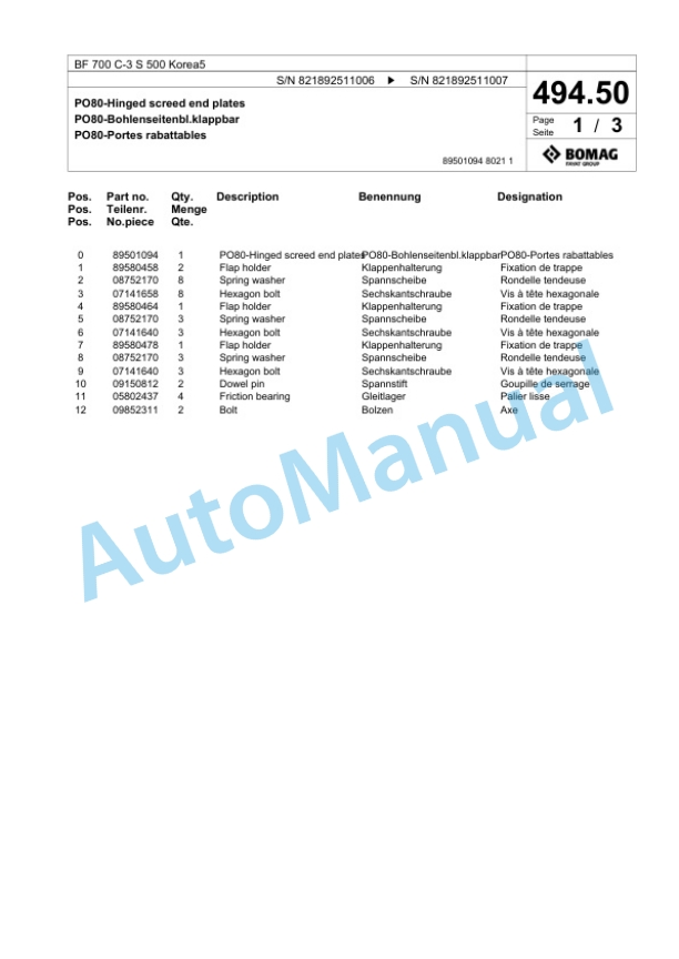 Bomag BF 700 C-3 S 500 Korea5 Paver Spare Parts Catalogue 00826693-2