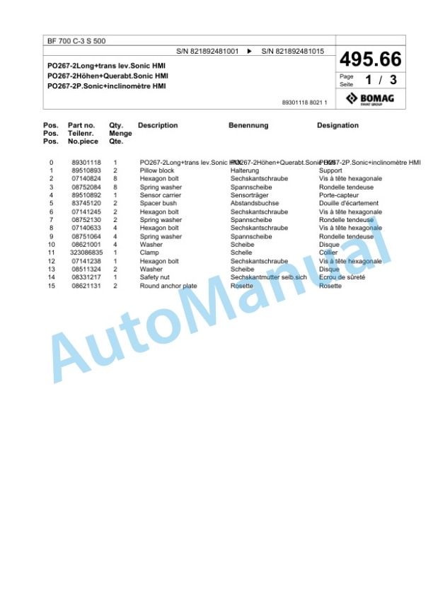 Bomag BF 700 C-3 S 500 Paver Spare Parts Catalogue 00826419-3