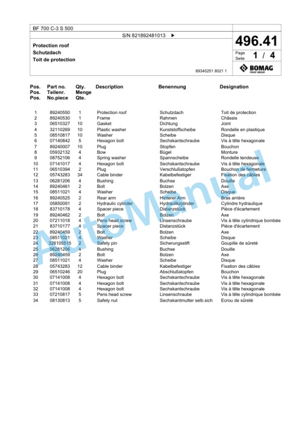 Bomag BF 700 C-3 S 500 Paver Spare Parts Catalogue 00826419-4