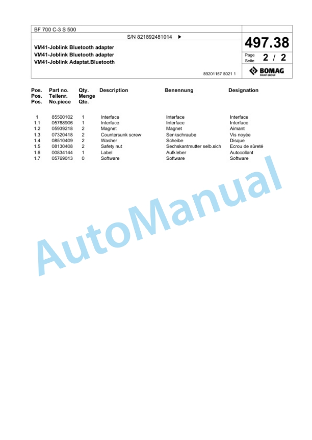 Bomag BF 700 C-3 S 500 Paver Spare Parts Catalogue 00826419-5