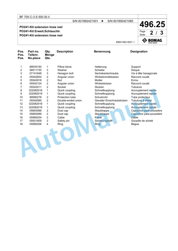 Bomag BF 700 C-3 S 500 St.V Paver Spare Parts Catalogue 00826351-4