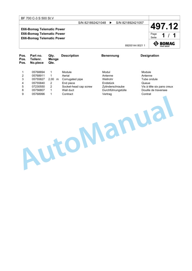 Bomag BF 700 C-3 S 500 St.V Paver Spare Parts Catalogue 00826351-5