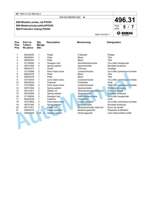 Bomag BF 700 C-3 S 500 St.V Paver Spare Parts Catalogue 00826979-3