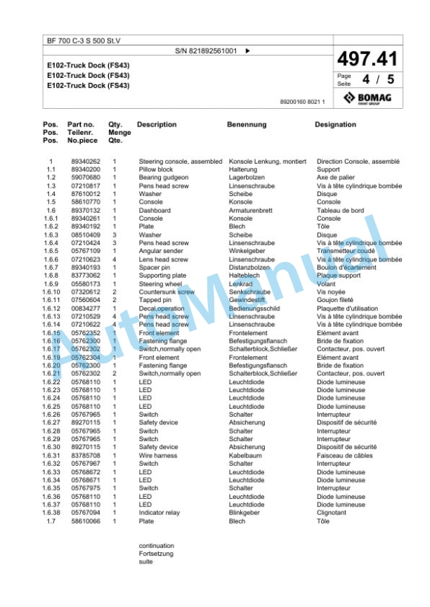 Bomag BF 700 C-3 S 500 St.V Paver Spare Parts Catalogue 00826979-4