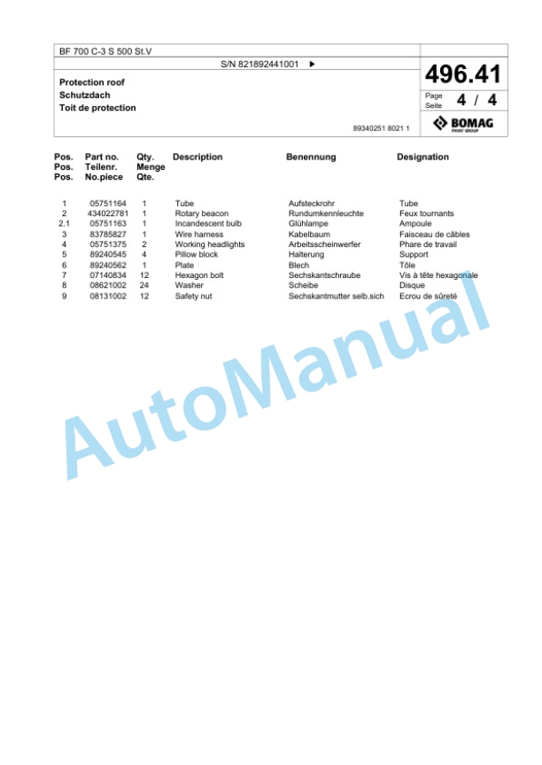 Bomag BF 700 C-3 S 500 St.V Paver Spare Parts Catalogue 00827171-3