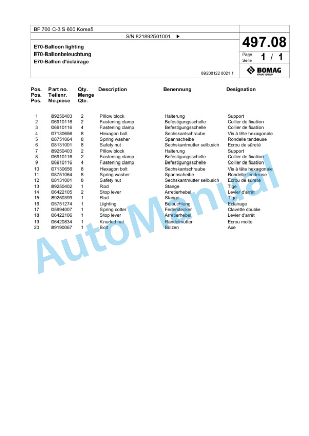 Bomag BF 700 C-3 S 600 Korea5 Paver Spare Parts Catalogue 00827127-3