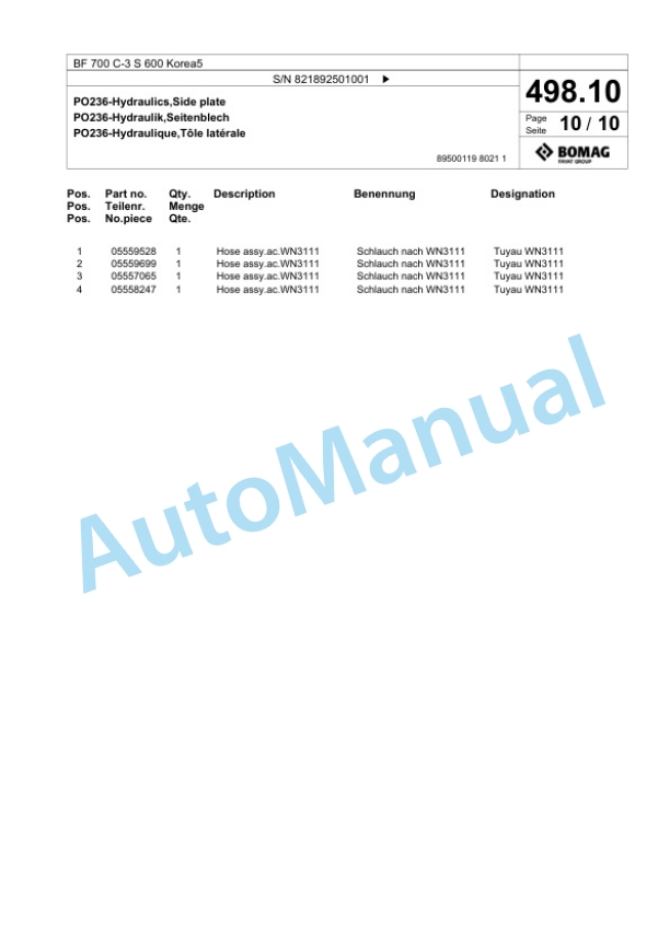 Bomag BF 700 C-3 S 600 Korea5 Paver Spare Parts Catalogue 00827127-4