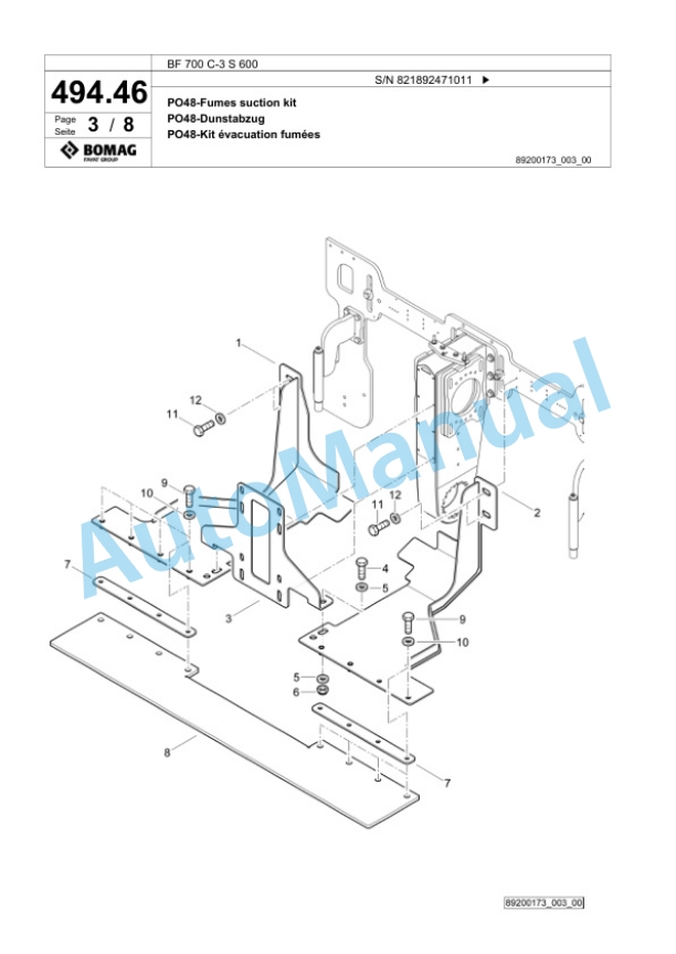Bomag BF 700 C-3 S 600 Paver Spare Parts Catalogue 00826417-2