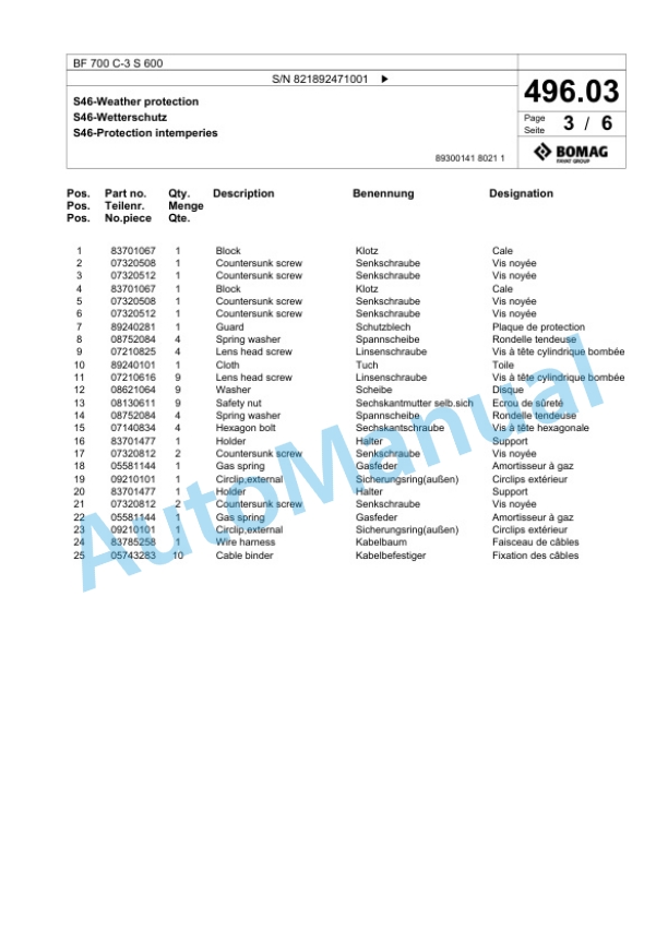 Bomag BF 700 C-3 S 600 Paver Spare Parts Catalogue 00826417-3