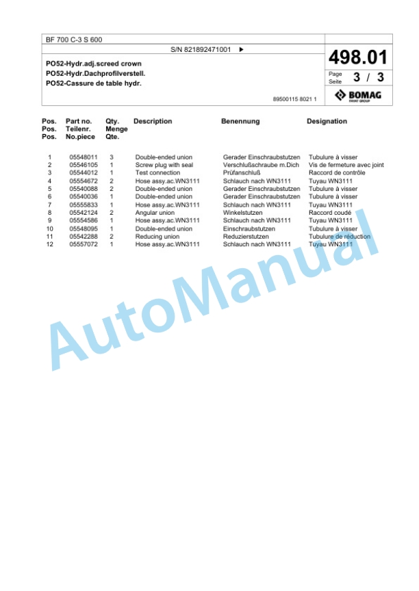 Bomag BF 700 C-3 S 600 Paver Spare Parts Catalogue 00826417-5