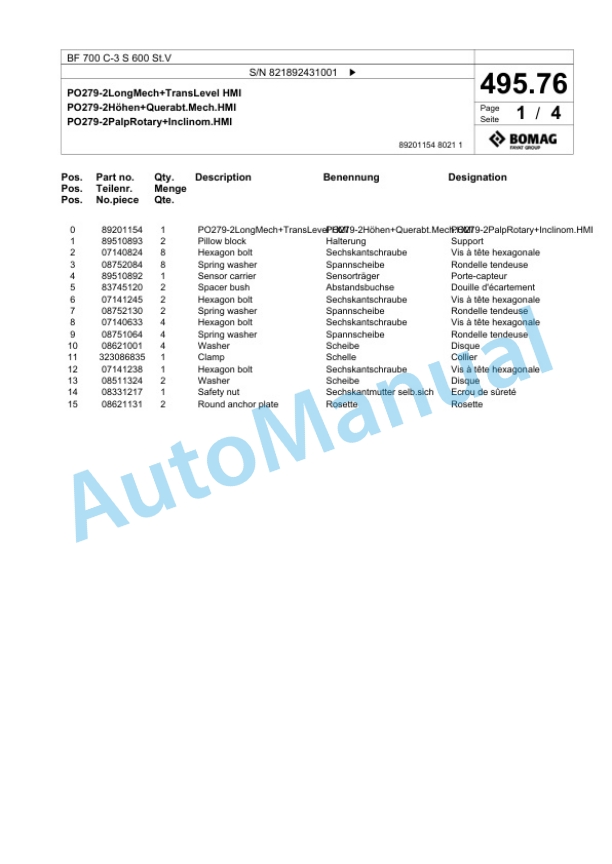 Bomag BF 700 C-3 S 600 St.V Paver Spare Parts Catalogue 00826353-3