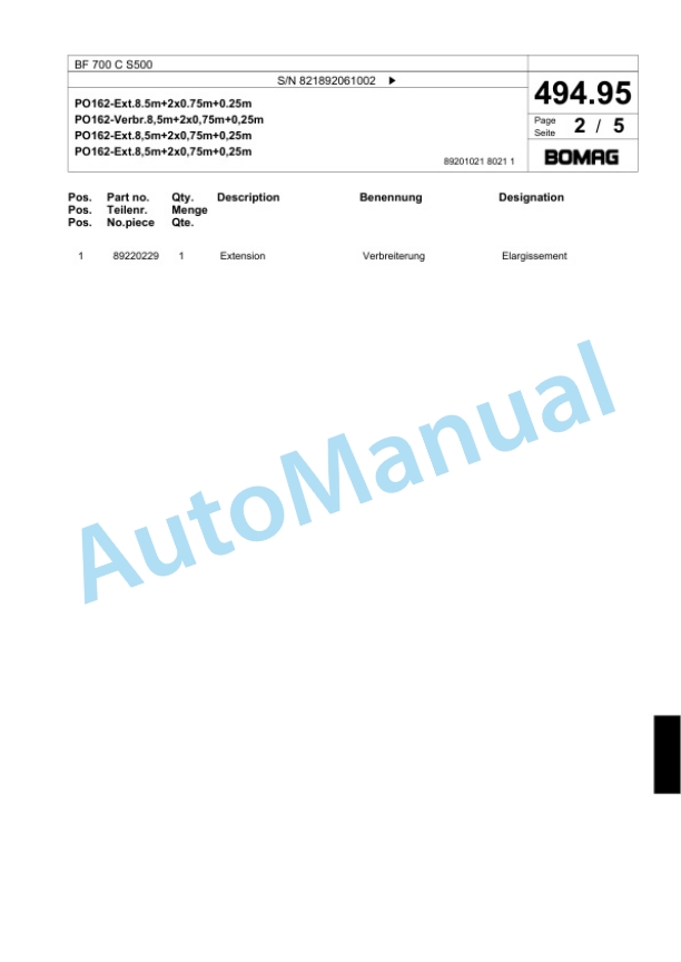 Bomag BF 700 C S500 Paver Spare Parts Catalogue 00824207-3
