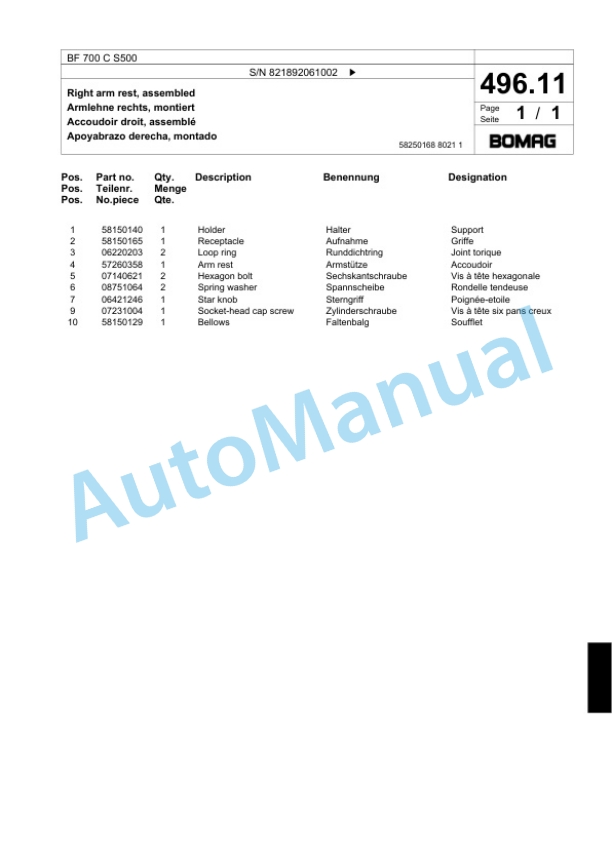 Bomag BF 700 C S500 Paver Spare Parts Catalogue 00824207-4